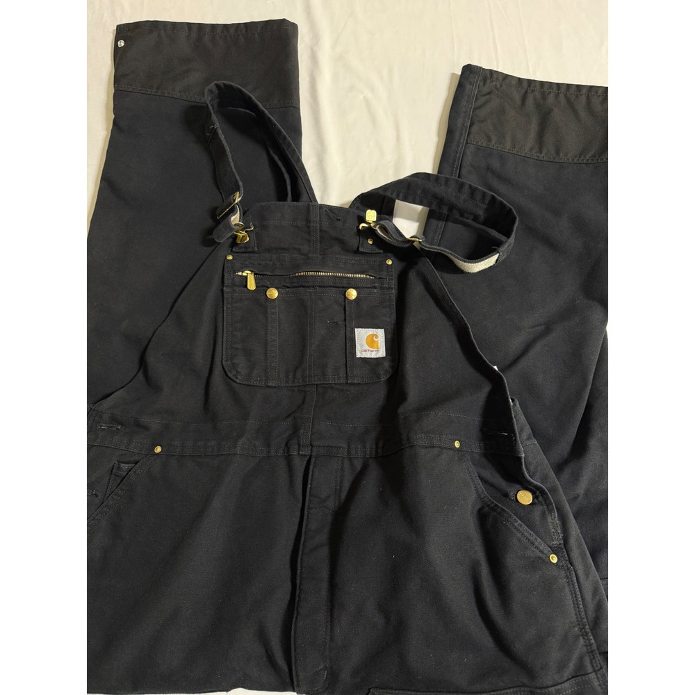 Carhartt Mens Quilt Lined Duck Bib Overalls R02 BLK Double Front Work 90's 44x36